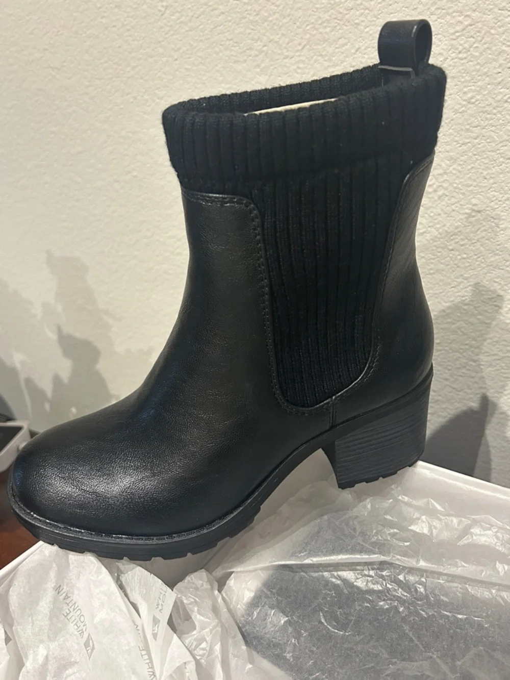 White Mountain black booties cozy sock-like cuff brand new in original box